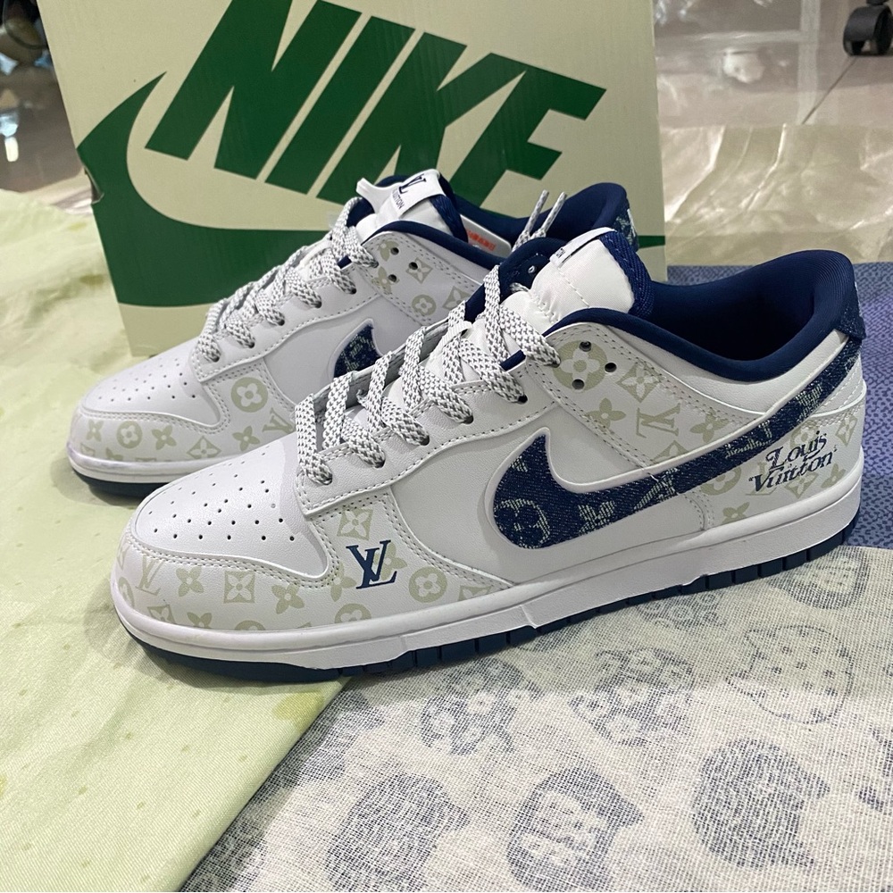 Nike Dunk Low x Louis Vuitton White and Blue Sneakers